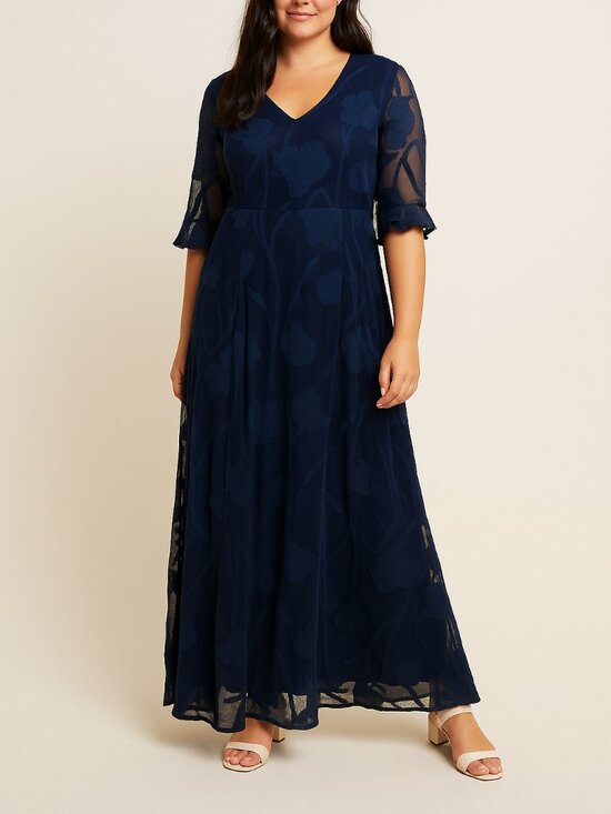 FeHaute Navy Blue Floral Embroidered Maxi Dress – Size 12, V-Neck - Picture 1 of 9